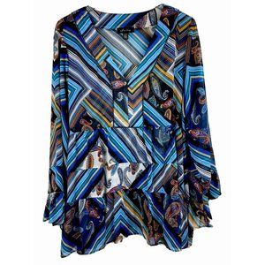 Melissa Page Womens XL Oversize Semi Sheer Boho Mixed Print Top Bell Sleeves